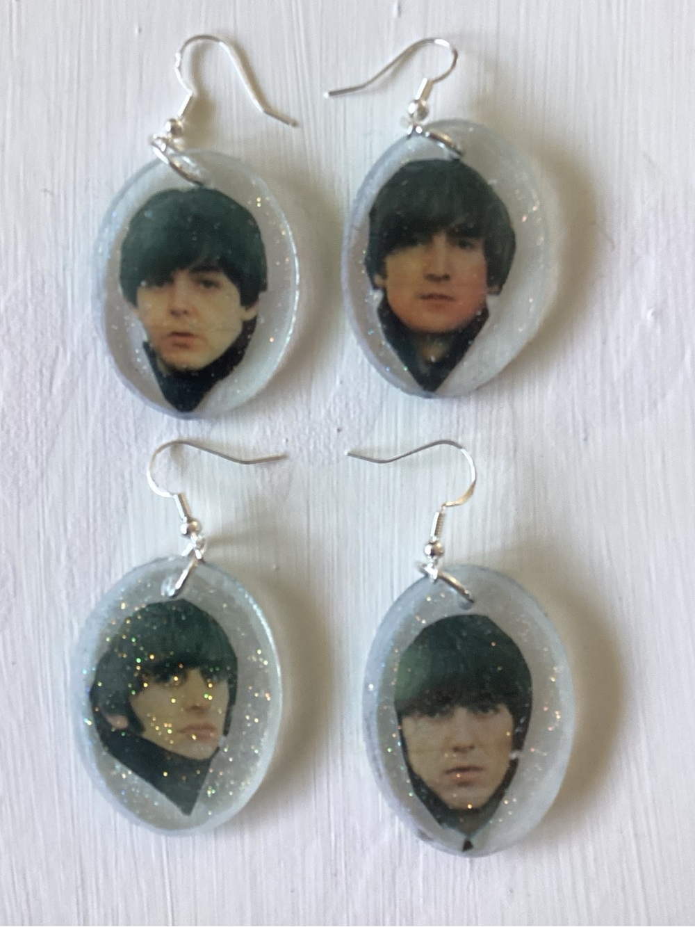 Vintage Beatles Portrait Earrings | Handmade Clear Resin Dangles | Hypoallergeni
